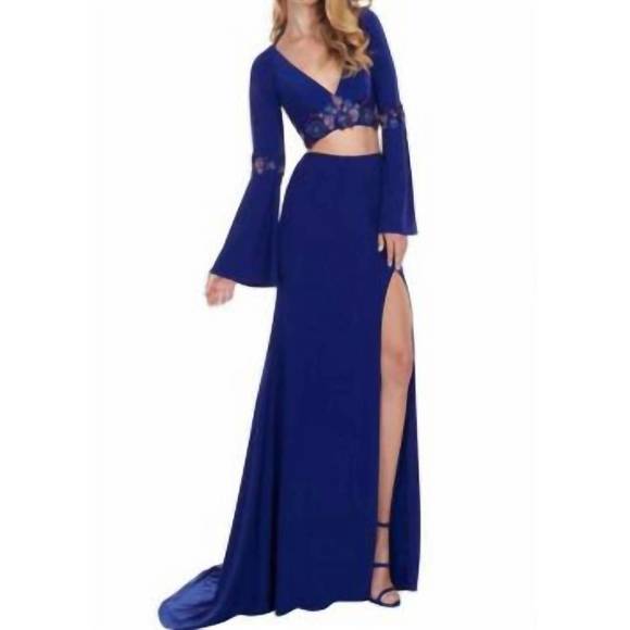 NEW RACHEL ALLAN long sleeve piece prom dress in royal blue